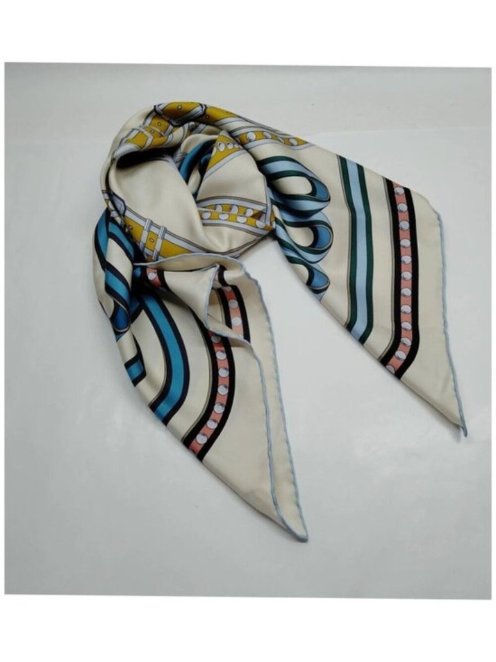 Hermès Mors à la Conétable Carré 90 Silk Scarf Cream Blue Equestrian Vintage - Picture 5 of 10